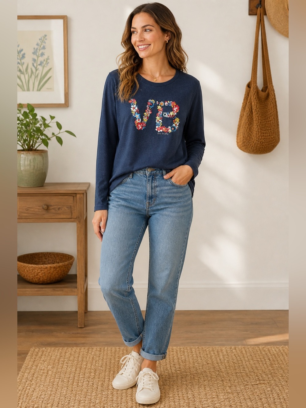 Vera Bradley Navy Heather Long Sleeve Tee with Floral VB Accent